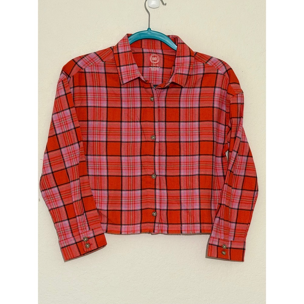 Wonder Nation Girls Red Pink Plaid Flannel Cropped Button Down Shirt L 10-12